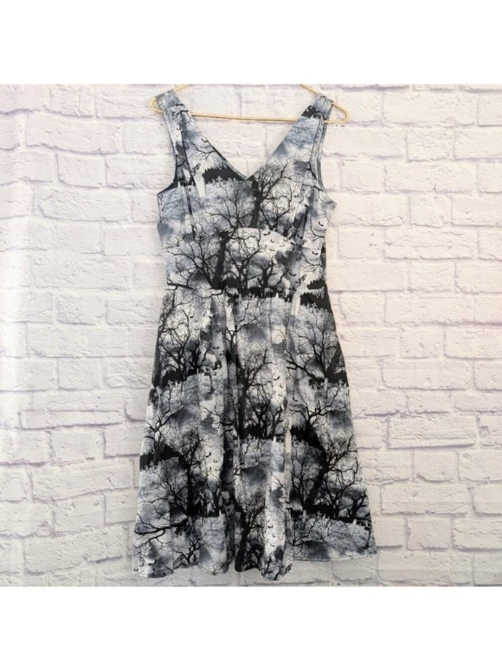 Folter Cemetery Print Fit and Flare Dress M Gray Black Graveyard Witchy Gothic